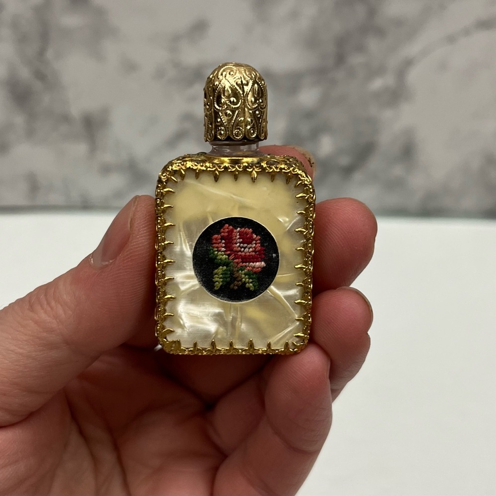 Miniature Filigree Scent Bottle with Rose Embroidery & Glass Dauber